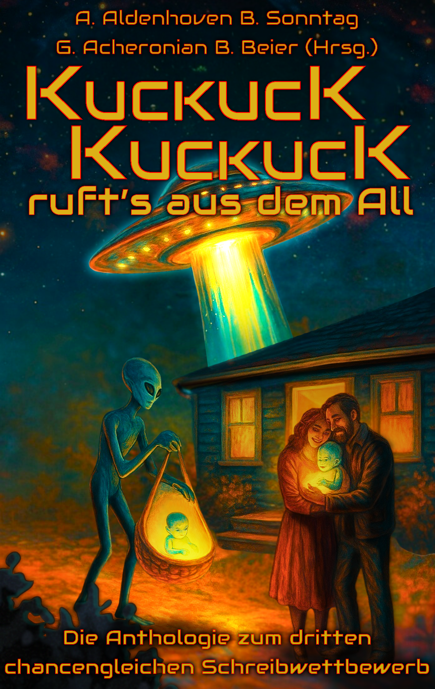 Das Bild zeigt einen Menschen und einen Außerirdischen, die gemeinsam an einem Tisch sitzen. Im Hintergrund ist ein VW-Bus unter einem Ufo.